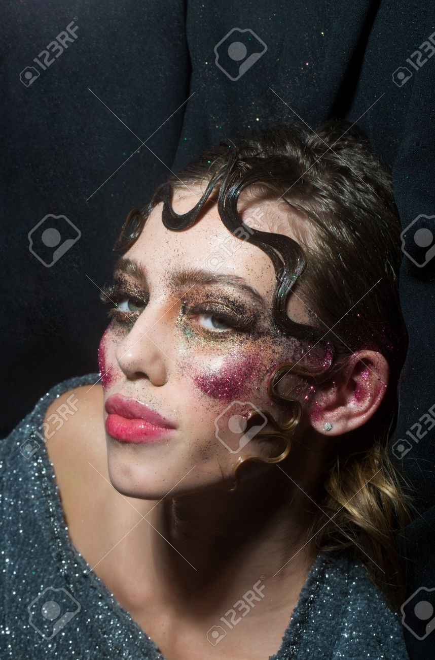 Ball Eye Makeup Pretty Girl Or Sexy Woman With Holiday Glitter Makeup Sparkling