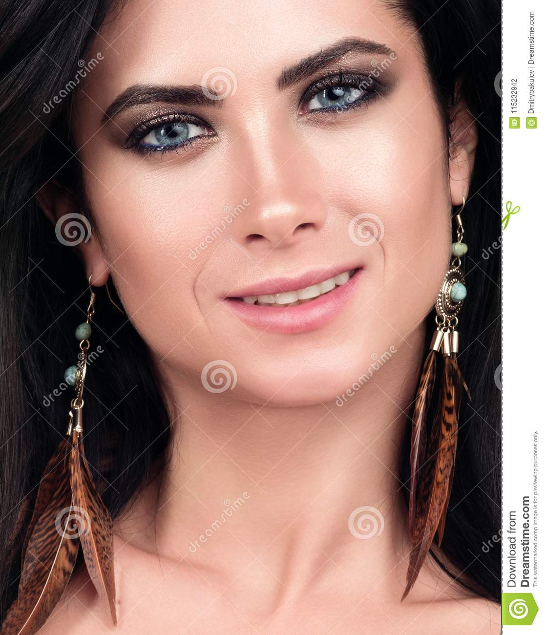 Blue Eyes Dark Makeup Closeup Portrait Of Young Beautiful Woman Dark Hair Blue Eyes And
