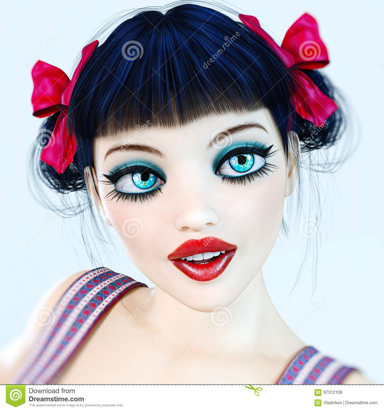 Blue Eyes Dark Makeup Portrait 3d Girl Doll Big Blue Eyes And Bright Makeup Stock