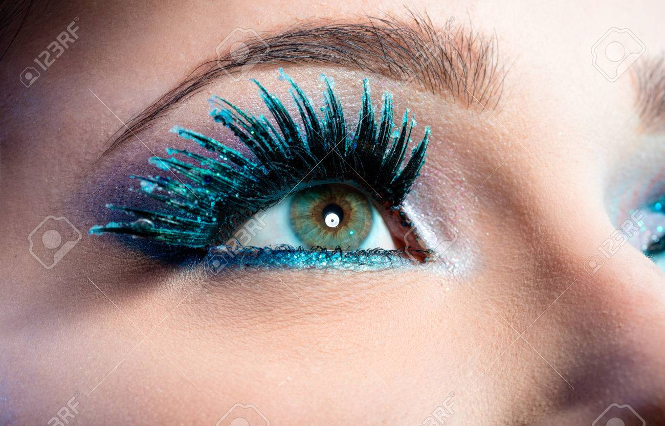 Creative Eye Makeup Wintry Creative Eye Makeup False Long Blue Eyelashes Closeup Stock