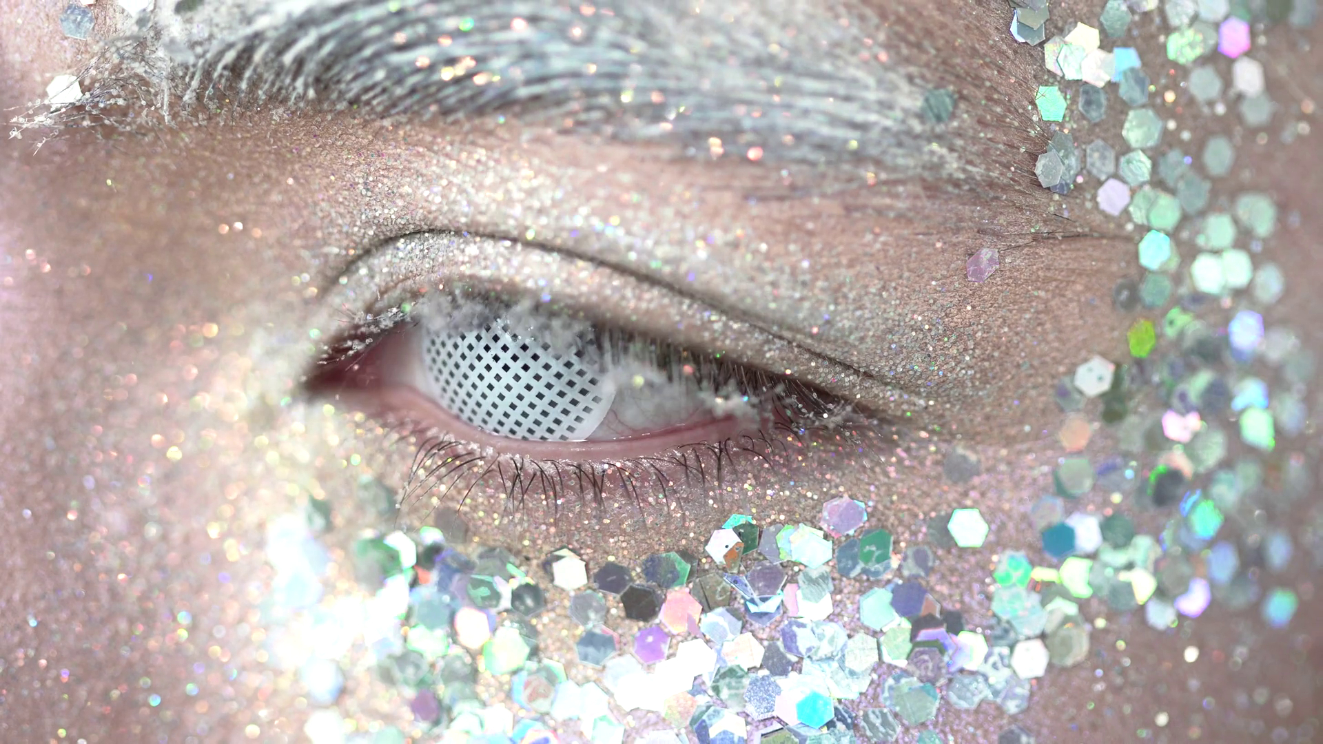 Eye Glitter Makeup Closeup Of Beautiful Eye With The White Glitter Makeup Blinking