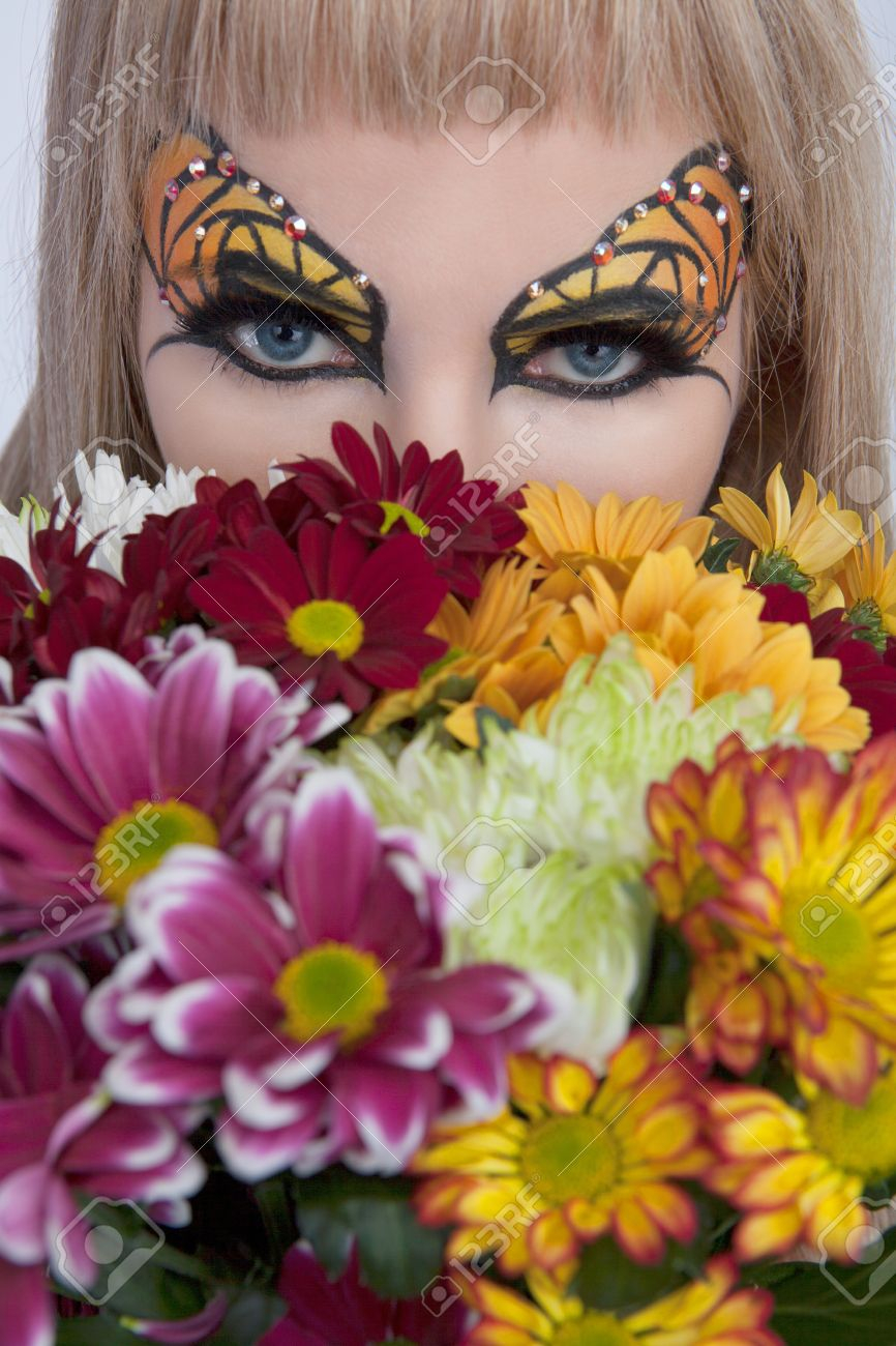 Eye Makeup Butterfly Butterfly Eye Makeup And Beautiful Flowers Stock Photo Picture And