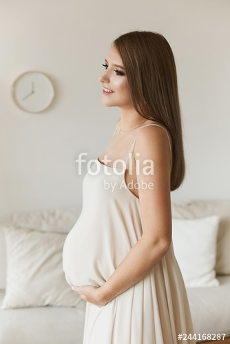 Eye Makeup For Beige Dress Beautiful And Sensual Brown Haired Pregnant Model Girl With Blue