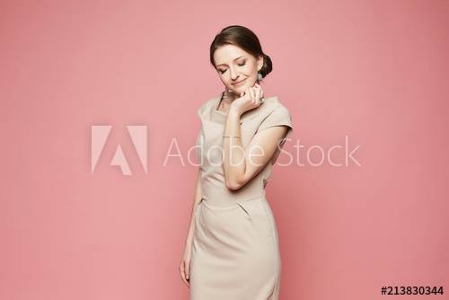 Eye Makeup For Beige Dress Cheerful Beautiful And Fashionable Brunette Model Girl With Bright