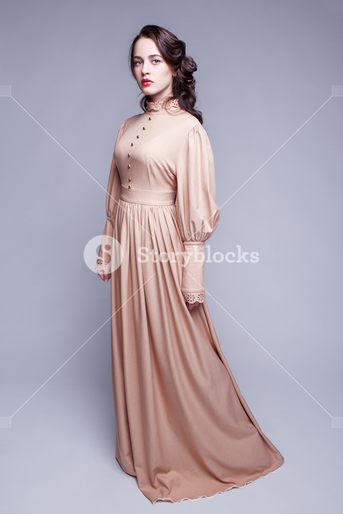 Eye Makeup For Beige Dress Full Length Portrait Of Young Beautiful Woman In Retro Beige Dress