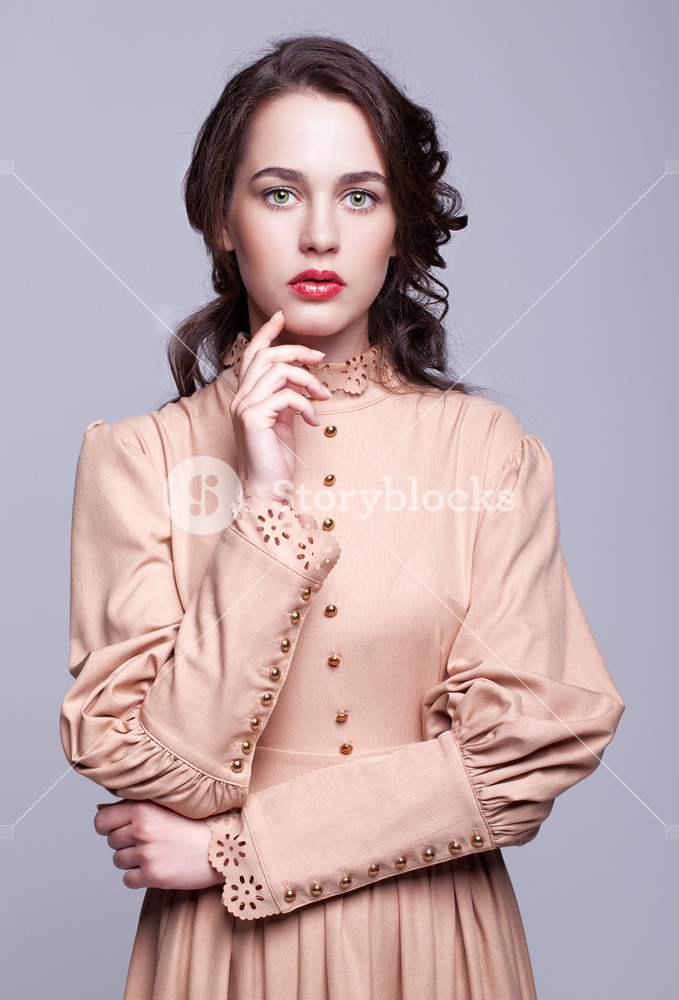 Eye Makeup For Beige Dress Portrait Of Young Beautiful Woman In Retro Beige Dress With Day