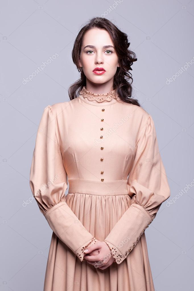 Eye Makeup For Beige Dress Portrait Of Young Woman In Retro Dress Stock Photo Zastavkin