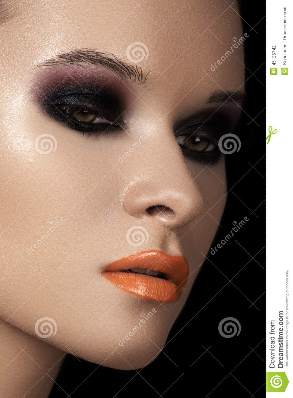 Eye Makeup For Orange Lips Fashion Dark Smoky Eyes Makeup Black Eyeshadows Orange Lips Stock