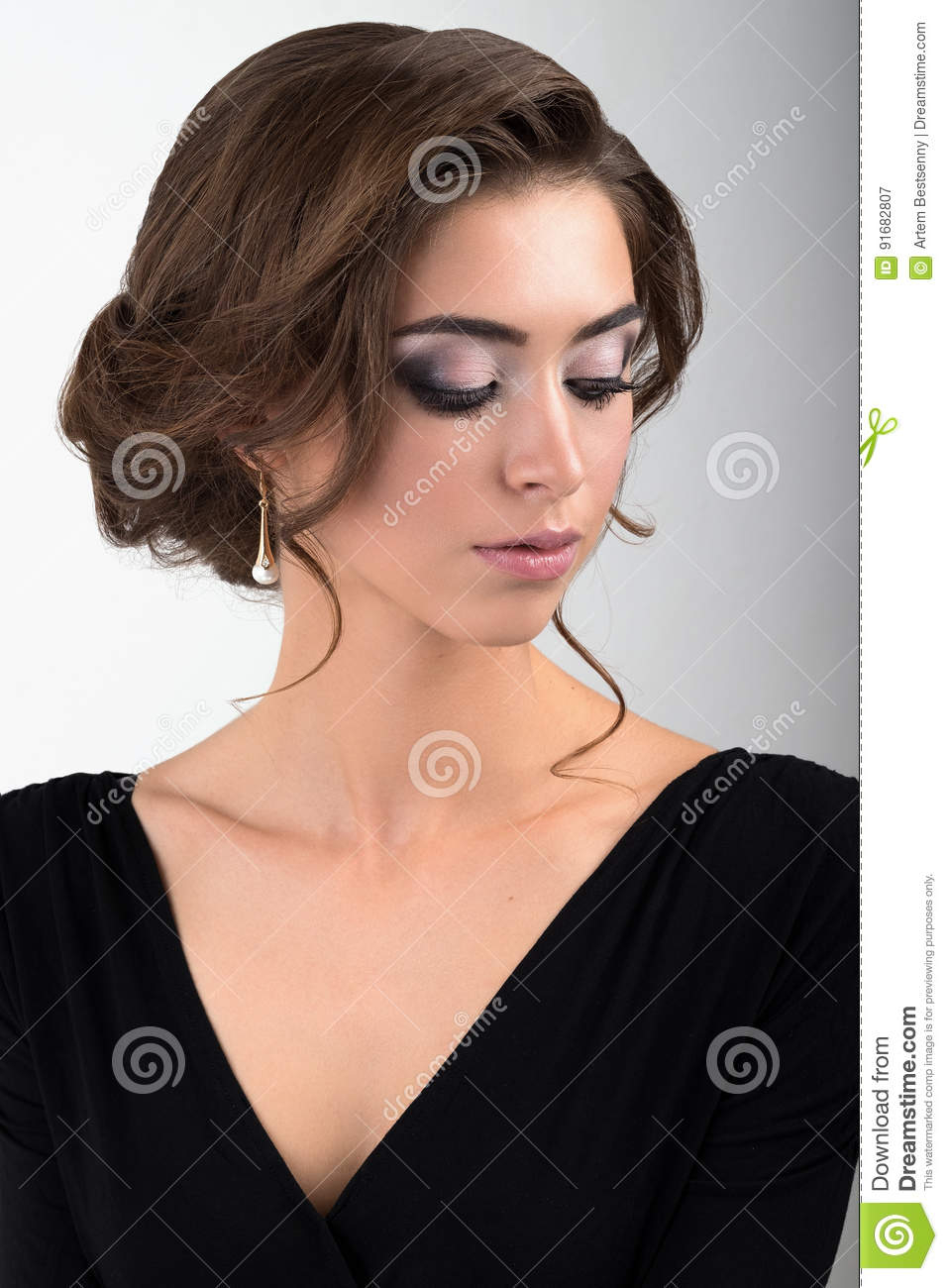 Eye Makeup With Black Dress Close Up Portrait Of Brunette With Evening Makeup And Collected Hair