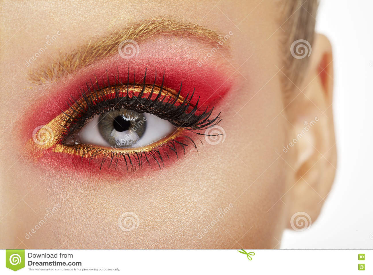 Fantasy Eye Makeup Make Up Beauty Close Up Eye With Red And Gold Make Up Stock Image