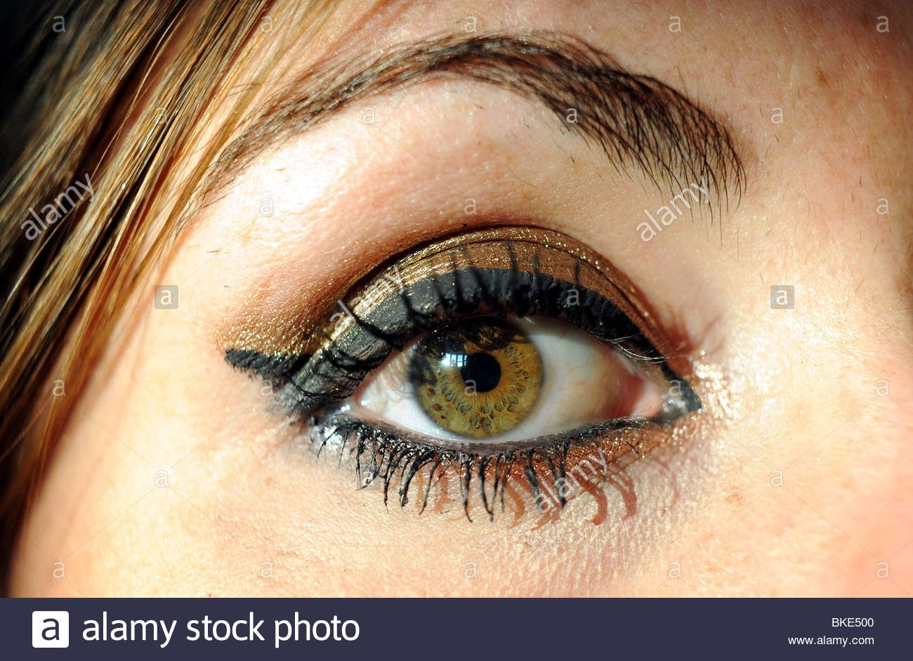 Gold And Black Eye Makeup Close Up Of Female Eye Wearing Black And Gold Makeup Stock Photo