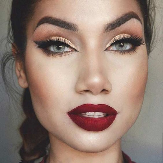 Gold And Maroon Eye Makeup Sweet Gold Eye Makeup With Matte Burgundy Lips Ladystyle