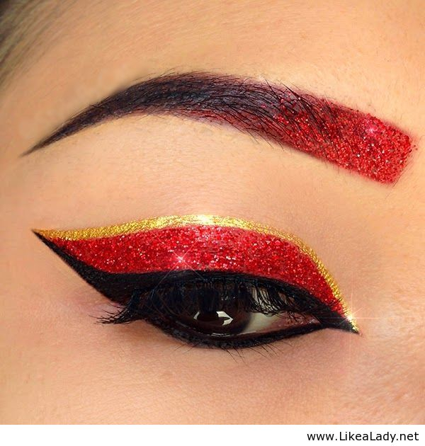 Gold Cat Eye Makeup Red Glitter And Gold Cat Eye With Gradient Glitter Eyebrows
