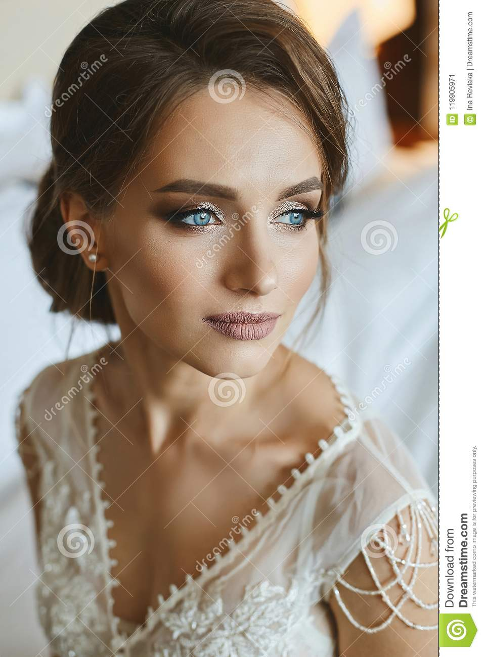 Makeup For Blue Eyes And Brown Hair Portrait Of Fashionable Beautiful And Sensual Brown Haired Model