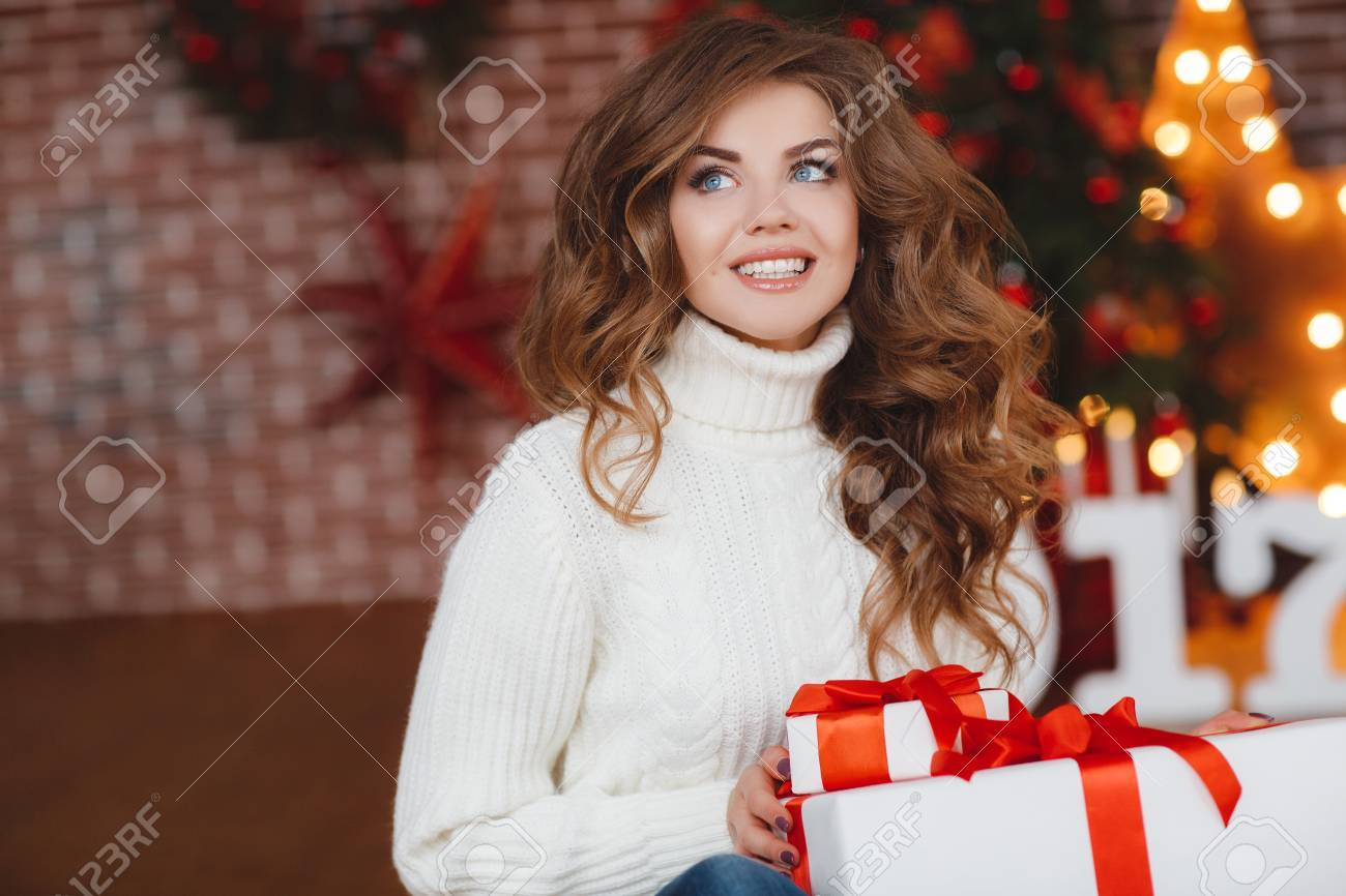 Makeup For Blue Eyes Red Hair Christmas Portrait Of Beautiful Young Woman With Blue Eyes Long