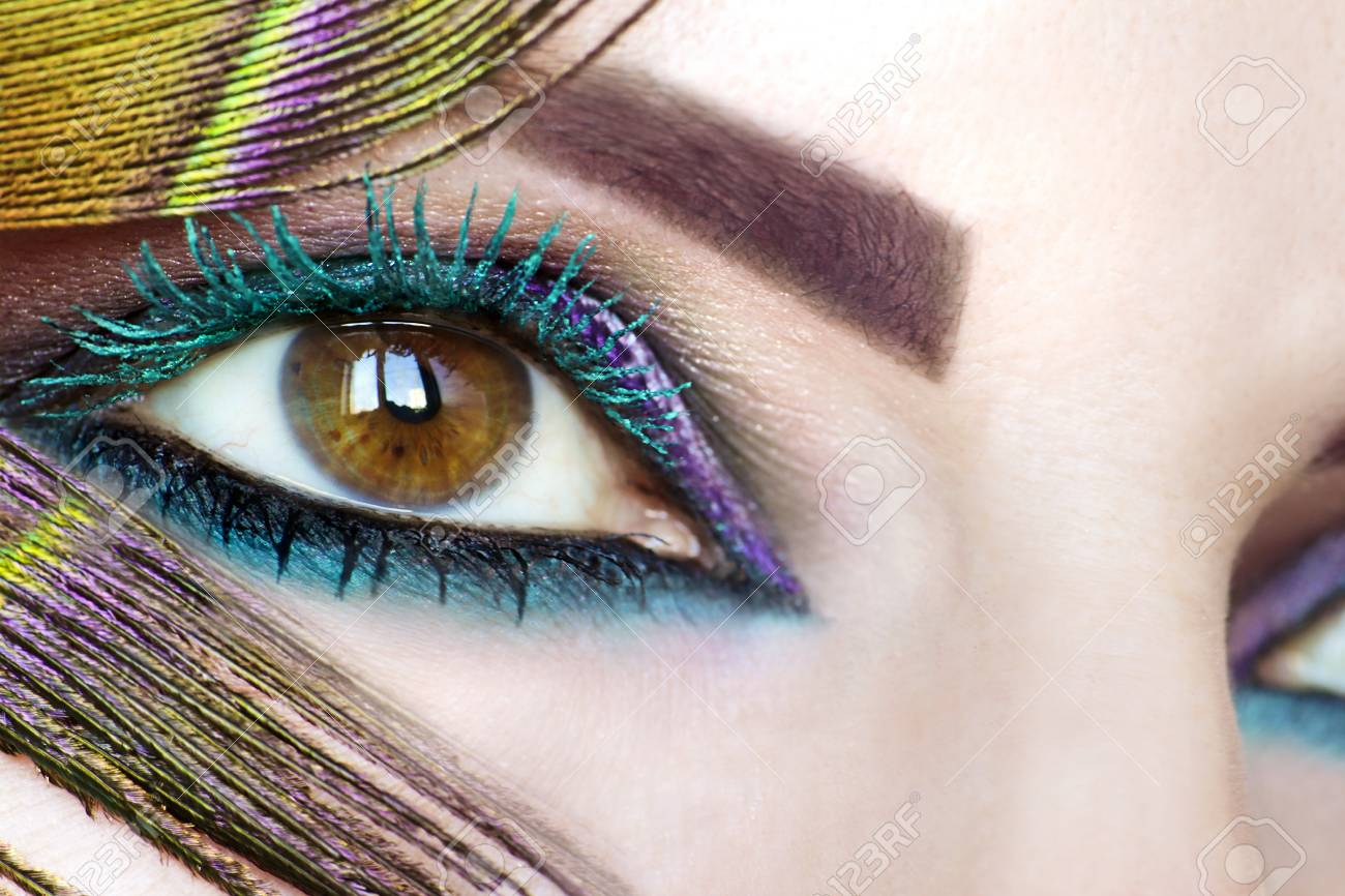 Peacock Eye Makeup Colorful Bright Makeup On A Brown Eye Closeupcolor Turquoise