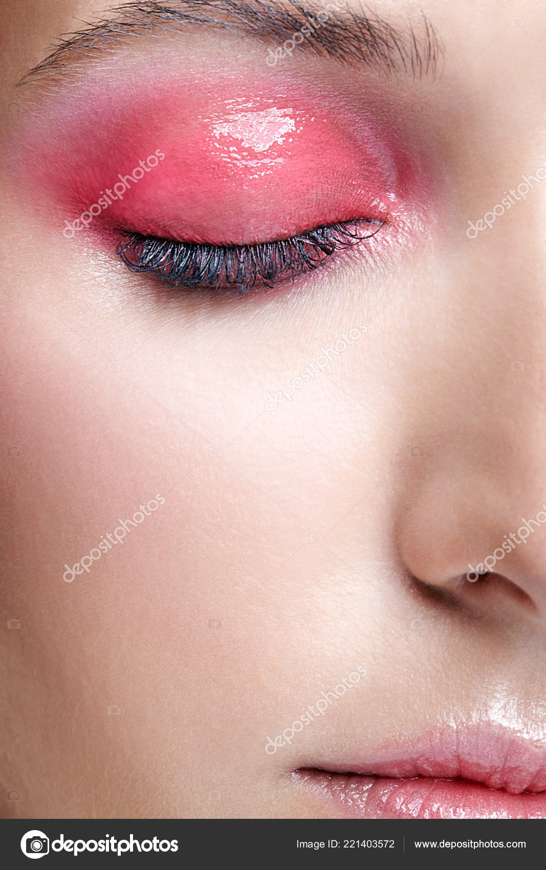 Pink And White Eye Makeup Closeup Macro Shot Female Face Pink Smoky Eyes Beauty Makeup Stock