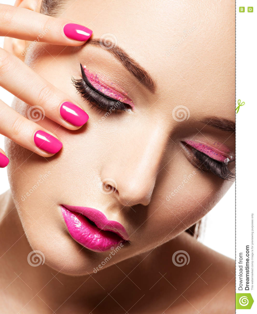 Pink And White Eye Makeup Face Of A Beautiful Girl With Pink Eye Makeup Lips And Bright Stock