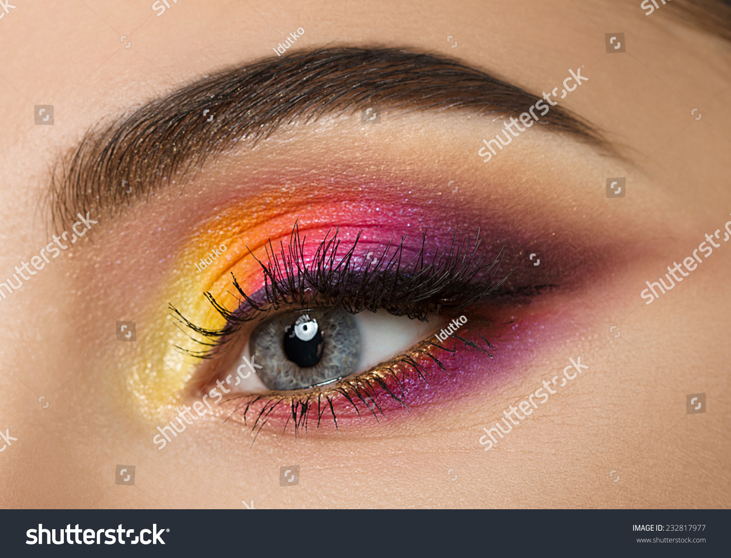 Pink And Yellow Eye Makeup Closeup Woman Eye Beautiful Colourful Makeup Stock Photo Edit Now