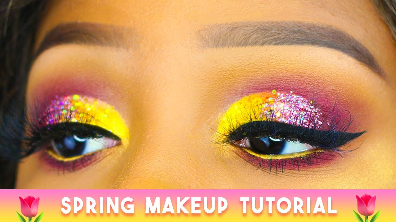 Pink And Yellow Eye Makeup First Day Of Spring Makeup Pink Yellow Sparkly Cut Crease Youtube