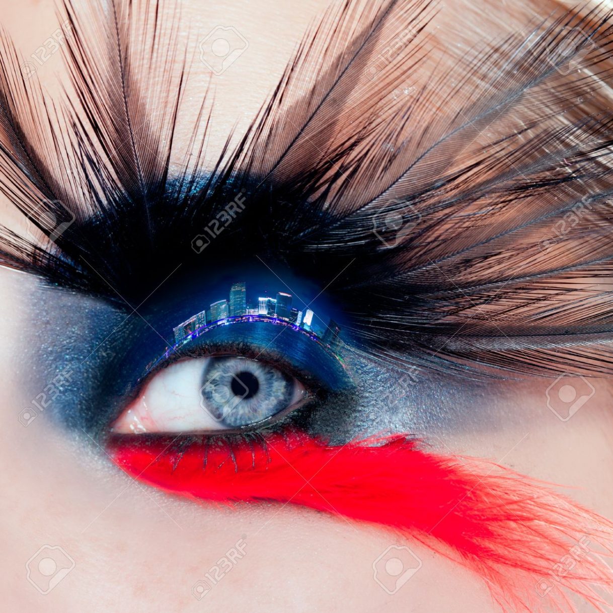 Red And Black Eye Makeup Blue Woman Eye Makeup Bird Inspired With Black And Red Feathers