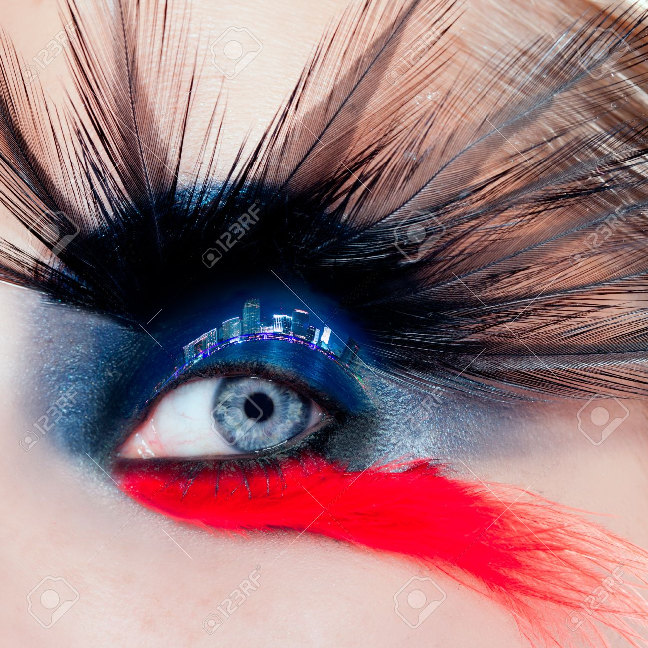 Red And Black Eye Makeup Blue Woman Eye Makeup Bird Inspired With Black And Red Feathers