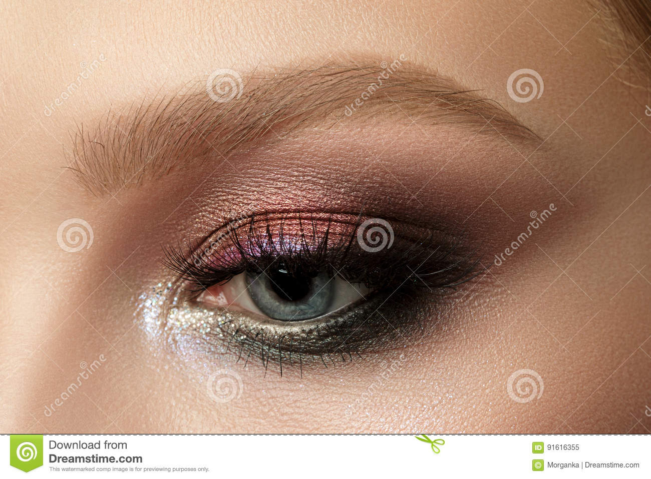 Red And Black Eye Makeup Close Up Of Blue Woman Eye With Smokey Eyes Makeup Stock Image