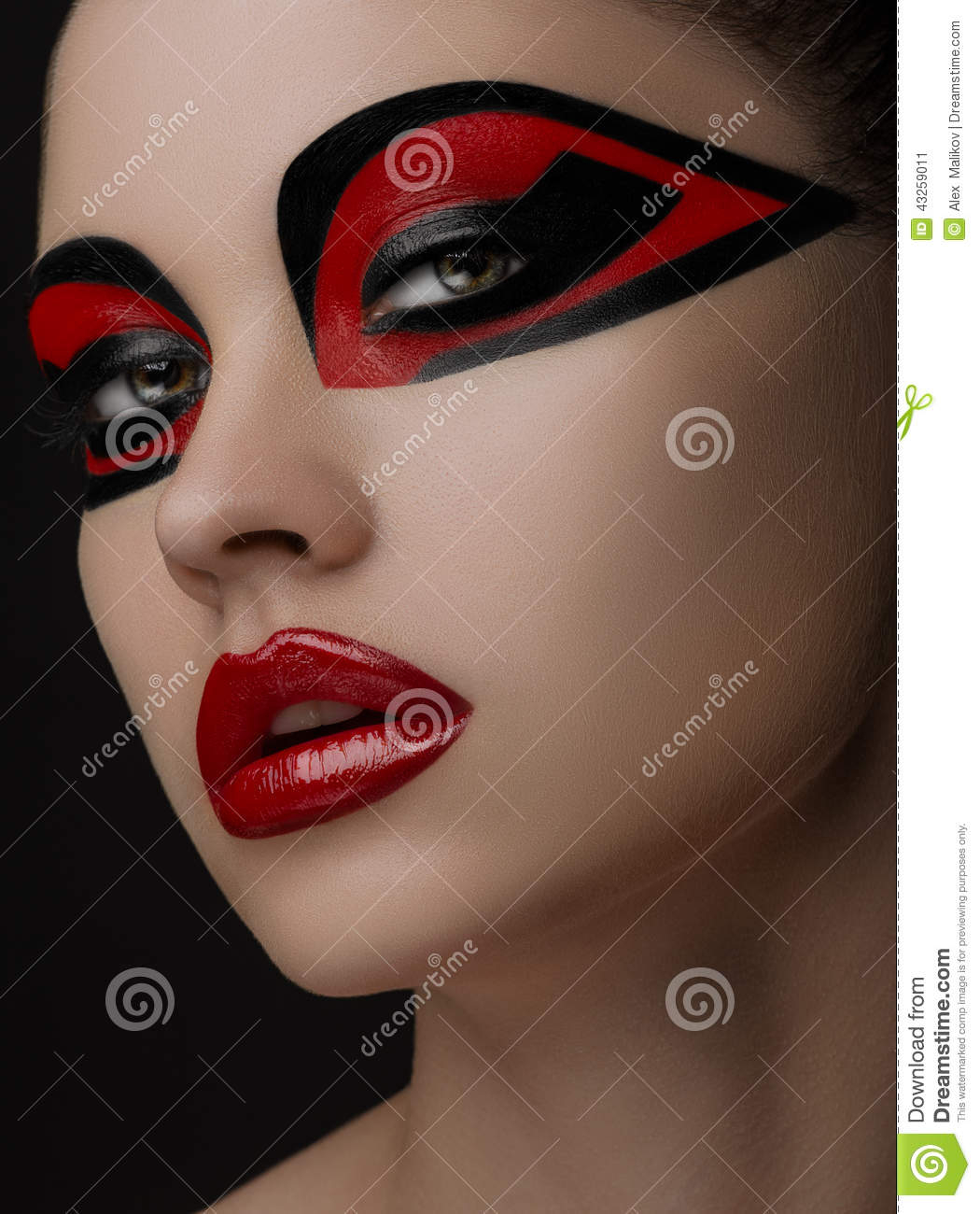 Red And Black Eye Makeup Red Lips Black Makeup On The Eyes Of The Mask Women Beauty Stock