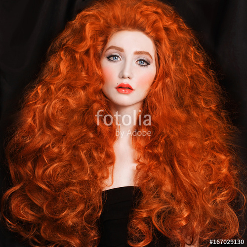 Red Hair Blue Eyes Makeup Redhead Woman With Very Long Curly Hair With Unusual Appearance In A