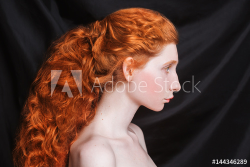 Red Hair Blue Eyes Makeup Woman With Long Curly Red Hair Gathered In Ponytail On Black