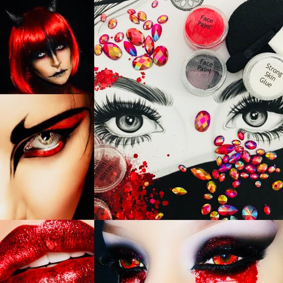 Red Halloween Eye Makeup Devil Vampire Outfit Red Halloween Costume Complete Makeup Set Etsy